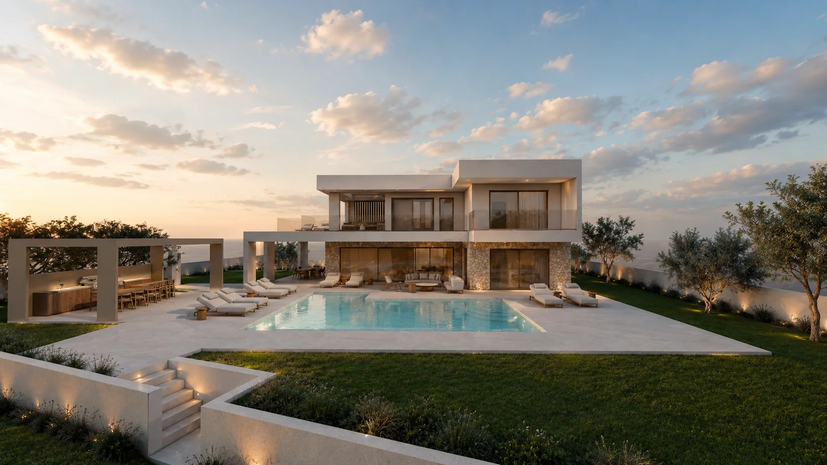 The South Rhodes Retreat at sunset, with its pool and gardens
