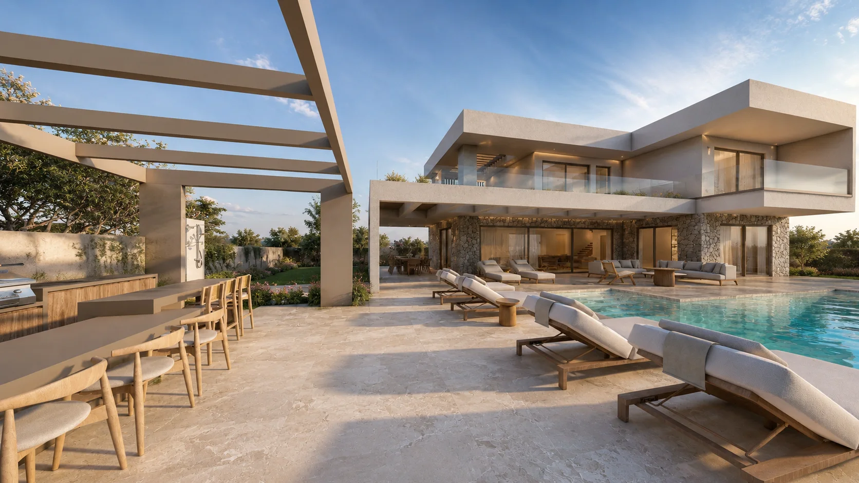 Pool terrace and outdoor kitchen in the afternoon light